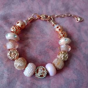 Rose gold snake chain charm bracelet with pink european beads